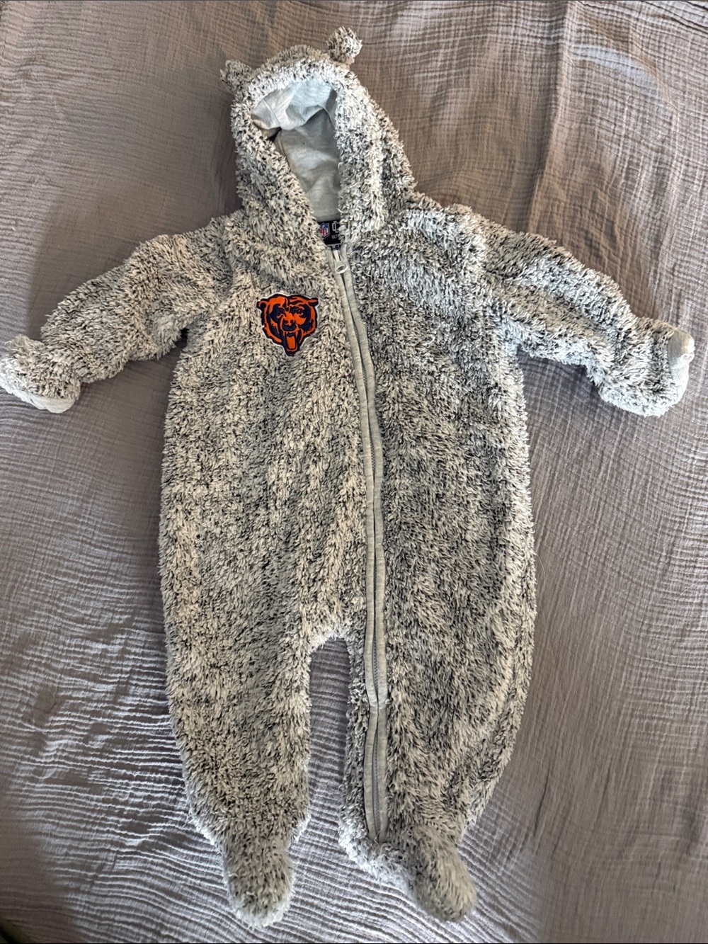 NFL Chicago Bears Gray Fuzzy Hooded Footie with Bear Logo and Ears